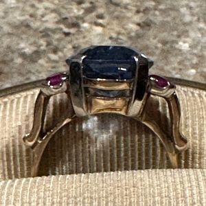 Approx 20 carat Topaz with genuine diamonds and rubies set in 10K, size 8.25